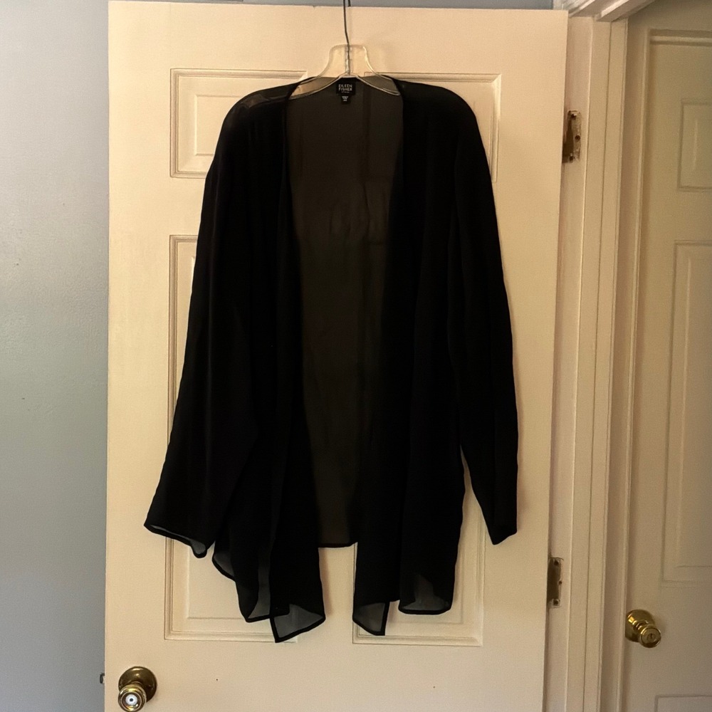 Eileen Fisher Black Silk Blend Sheer Button Front Cardigan 3X Luxury Layering
